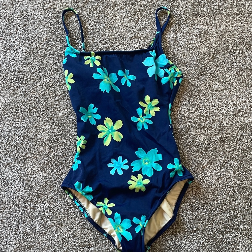 Lands' End Blue Floral One Piece Swimsuit